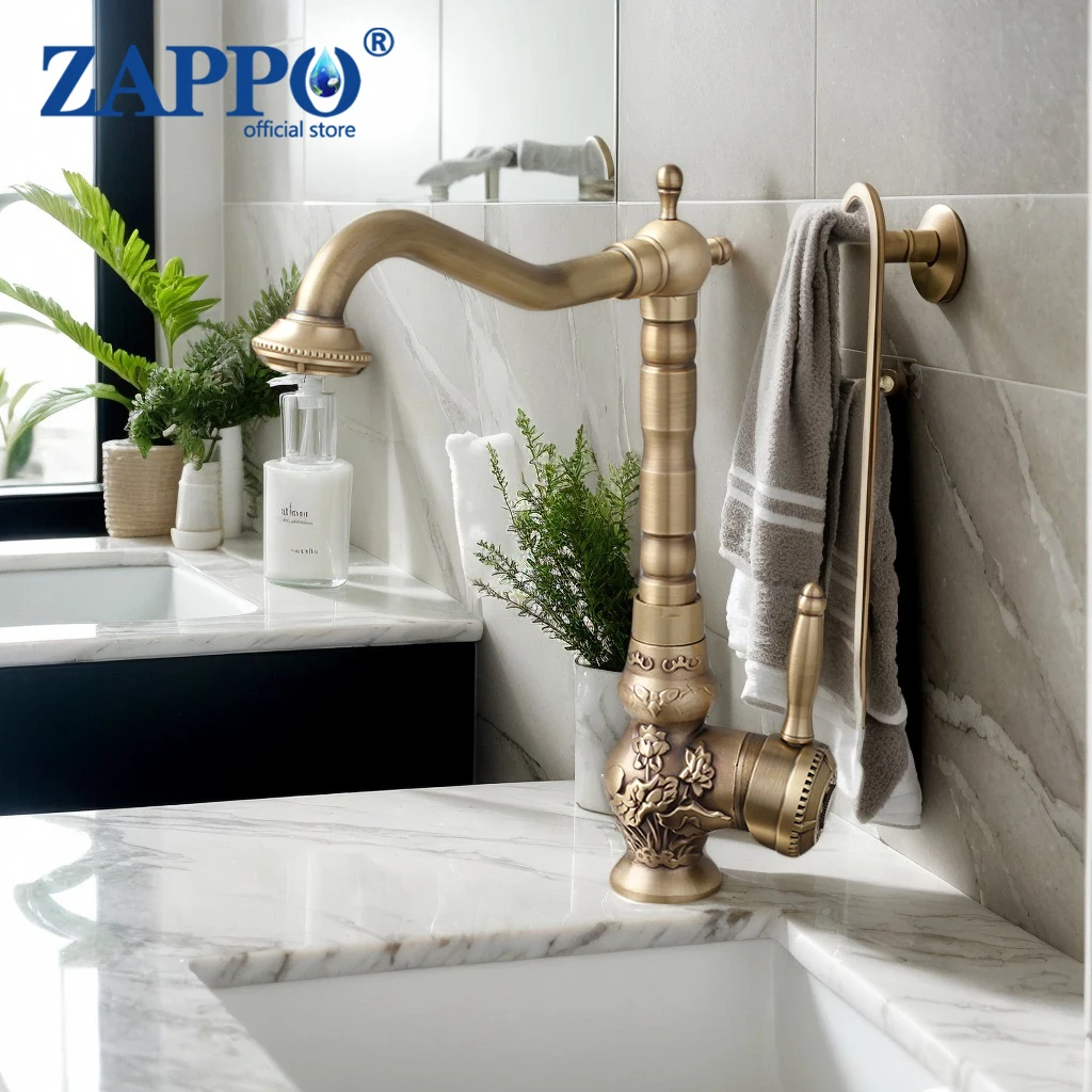 

ZAPPO Bathroom Faucet Antique Brass Bathroom Sink Faucet with 360 Rotate Spout Single Handle Hot and Cold Water Mixer Tap Crane