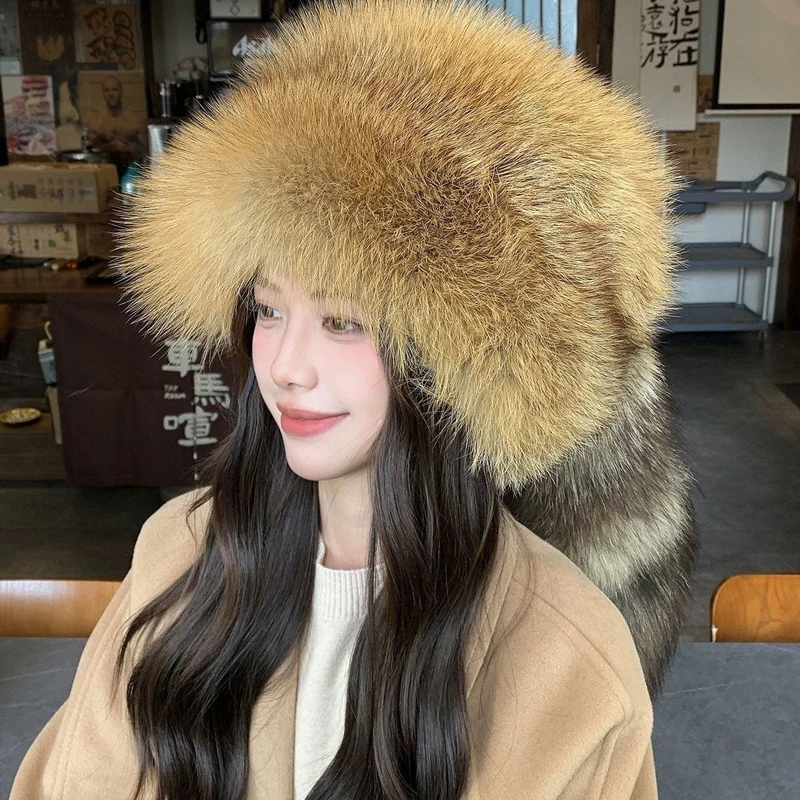 Winter Women Fashion Real Fur Hat Natural Fox Fur Hats Headgear Russian Outdoor Cap Ladies Thicken Warm Fur Caps