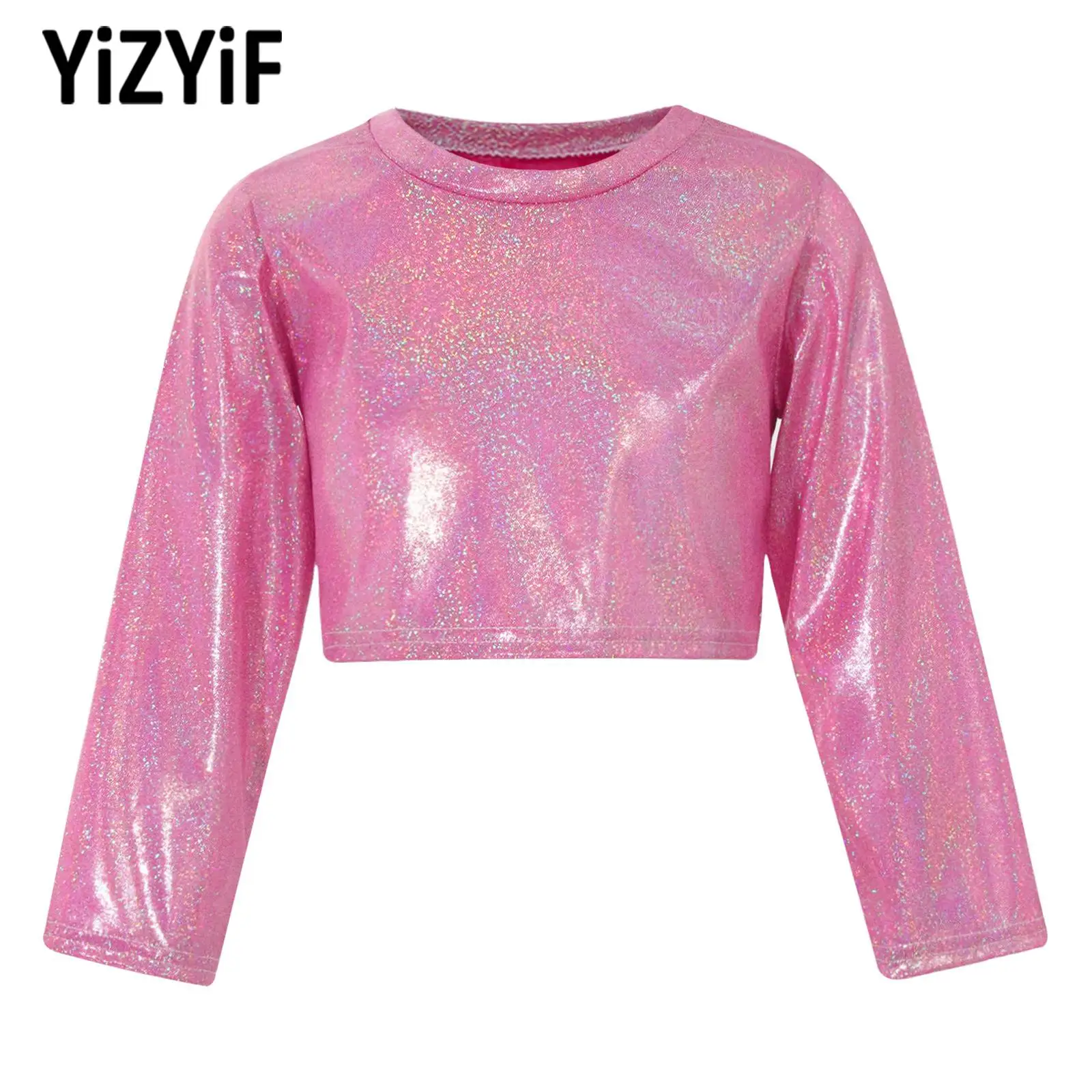 Kids Boys Girls Fashion Metallic Shiny Sparkling Jazz Dance Crop Top T-shirts Long Sleeve T-shirt Tops Dance Performance Costume