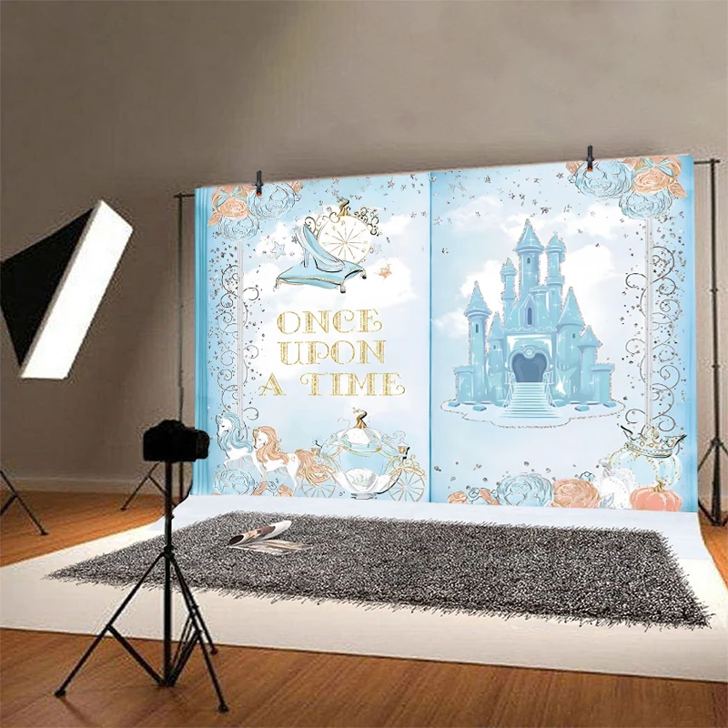 Cinderella Once Upon a Time Backdrop Girl Birthday Party Decoration Banner Fairytale Princess Blue Castle Background Photography