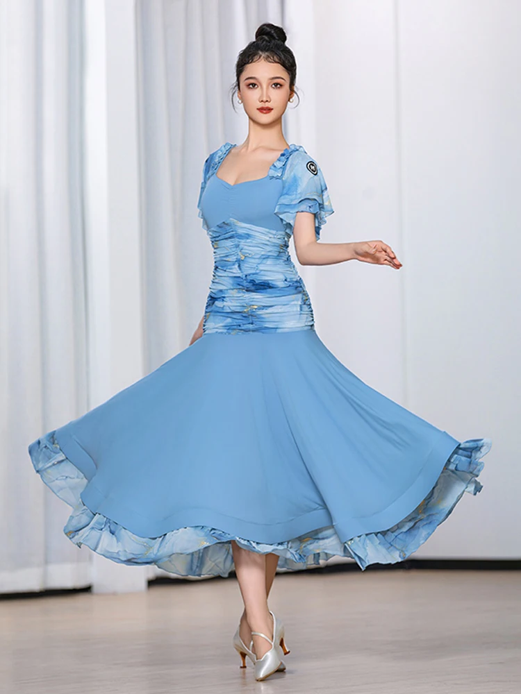 

2024 Ballroom Dance Competition Dress For Women Blue Short Sleeved Swing Skirt Waltz Modern Dance Performance Clothes DN18538