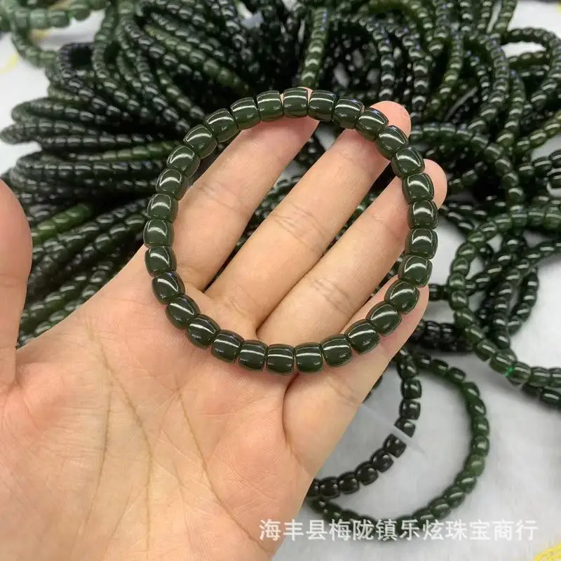 Hetian Jade Bracelet In Spinach Green With Vintage-Style Beads, Single-Loop Fashionable And Versatile