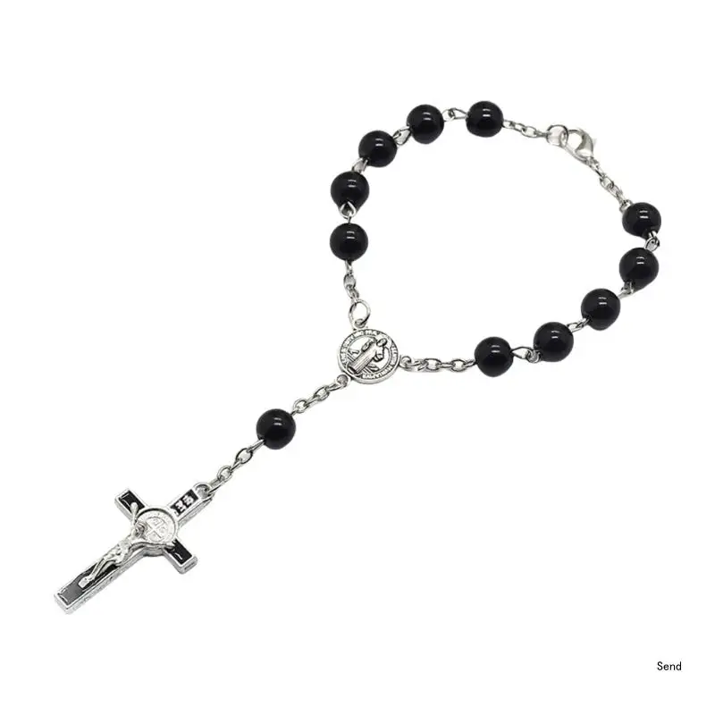 Catholic Finger Chain Mini Rosary Finger Baptism Rosaries Black Faux Pearls Bracelet for Baptism Christening