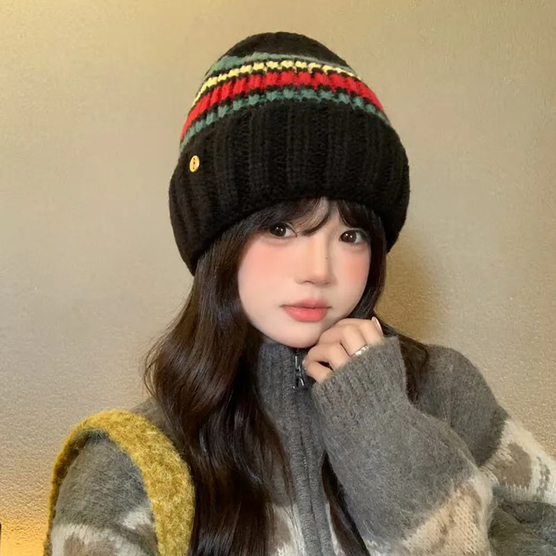 New Striped Pullover Hat Autumn And Winter Outdoor Knitted Hat Cold Resistant And Warm Niche Color Blocked Woolen Hat For Women