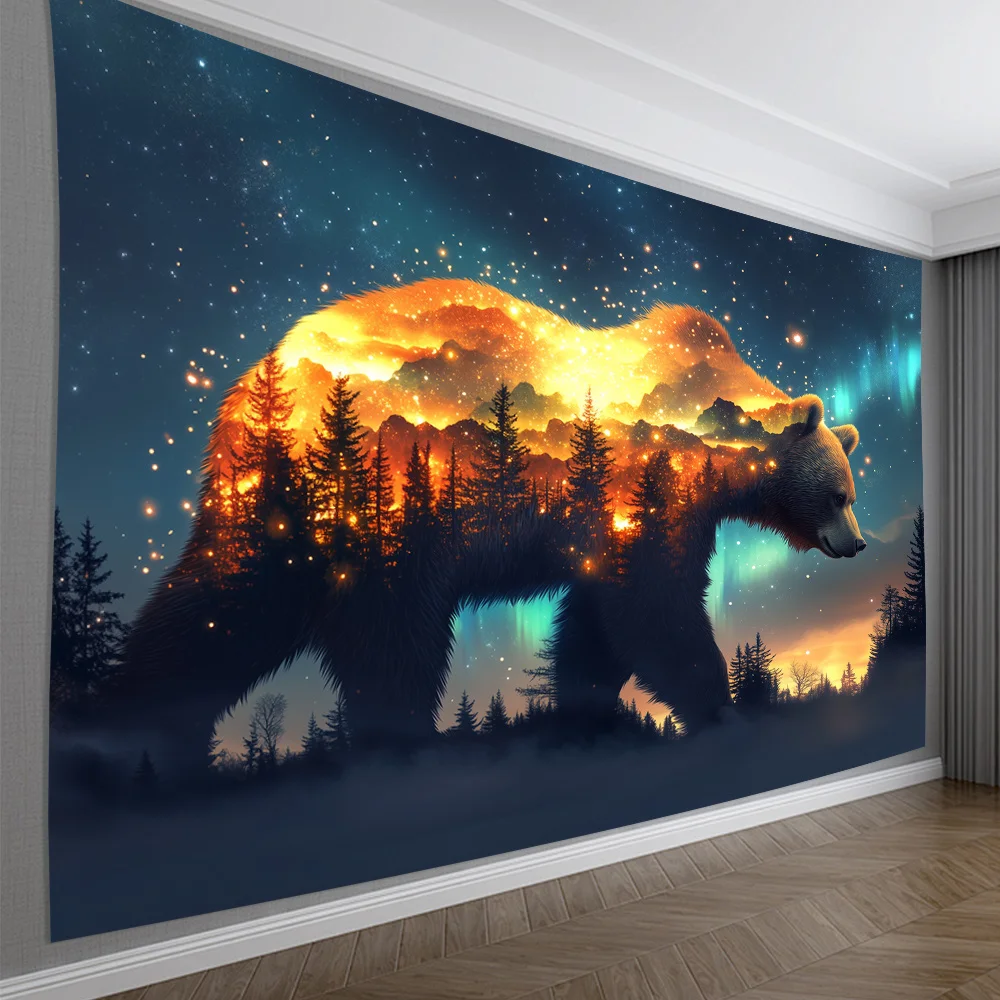 Mystical Bear Wall Hanging, Double Exposure Bear with Northern Lights and Pine Trees, Perfect for Creating a Magical Home Vibe