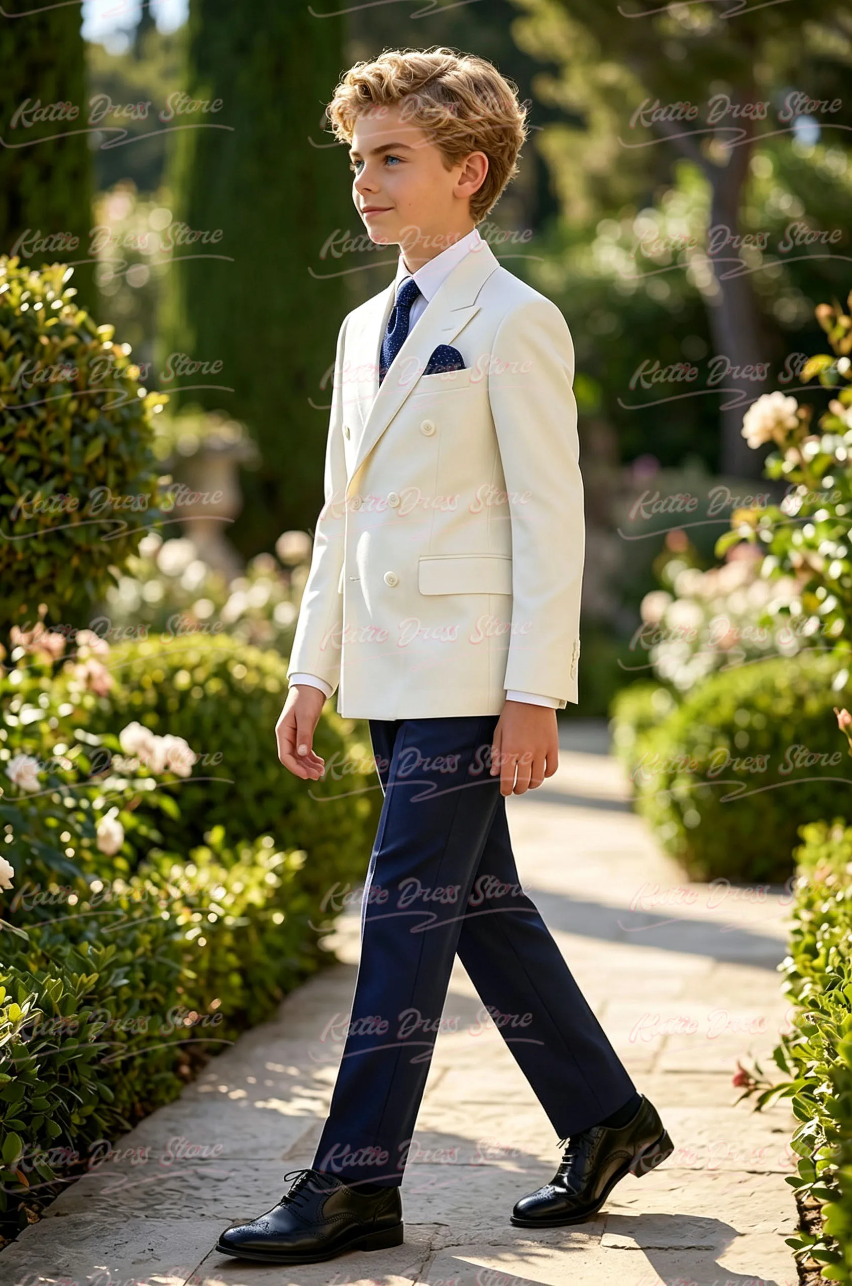 Boys Ivory Double-Breasted Blazer Navy Trousers 2-piece Suit Teen Wedding Performance Prom Formalwear Classic Slim Customized
