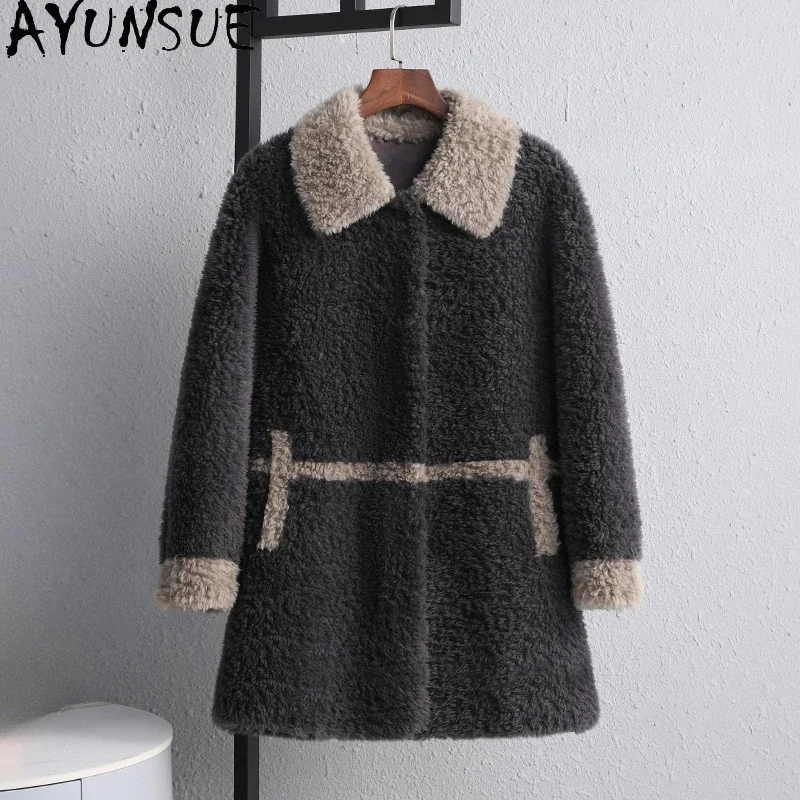 

100% AYUNSUE Sheep Shearing Jackets Female Clothes Winter Jacket for Women 2024 Mid-length Wool Coats Fur Coat Roupas Femininas