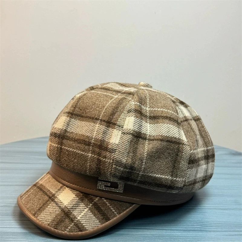 Cappello ottagonale in lana scozzese stile britannico per donna Autunno e inverno Moda versatile berretto retrò pittore cappello strillone