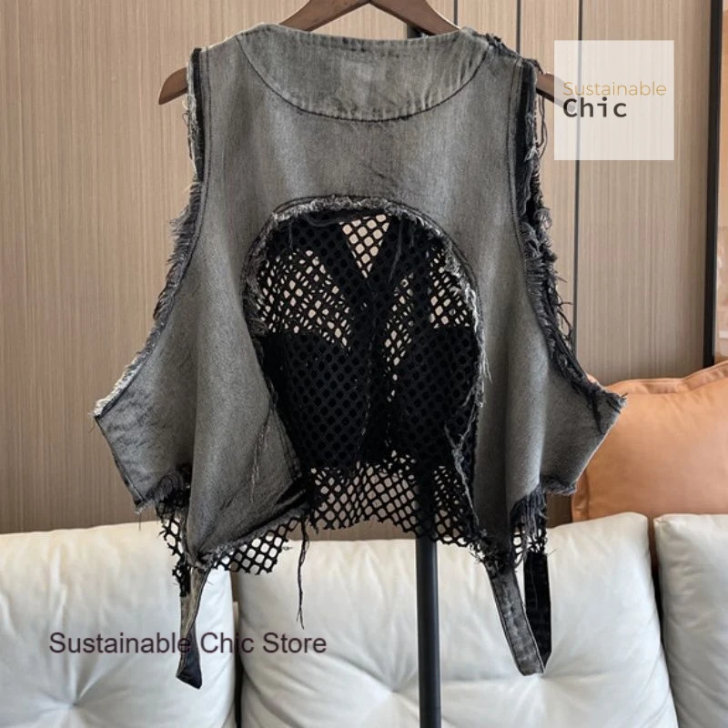 French personality street cowboy vest women's spring and summer new fashion mesh stitching washing old short tank top women vest