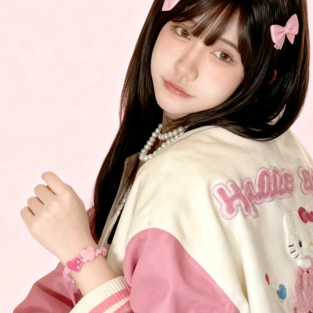 

Hello Kitty, весенне-осенний женский бейсбольный трикотаж, топы с вышивкой, повседневные винтажные свободные бейсбольные формы для пар в стиле аниме, куртка Y2K