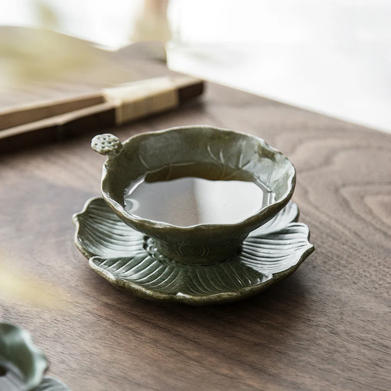 CHANSHOVA-Handmade Ceramic Tea Cup and Saucer Set, Chinese Coarse Pottery Teacup, Retro Style, Personality Lotus, 50ml, H655