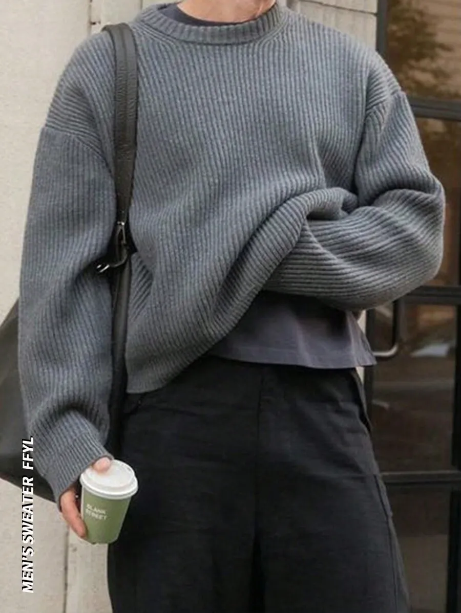 

Серый фактурный свитер в рубчик, свободный пуловер с круглым вырезом для мужчин