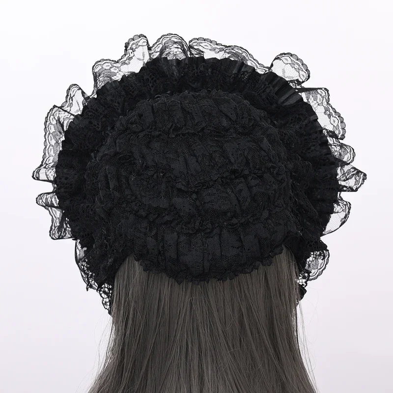 Klassische schwarze Lolita-Mädchen-Spitze-Bowknot-Mütze, flacher Hut, Teeparty, wunderschöne Feen-Damenmütze