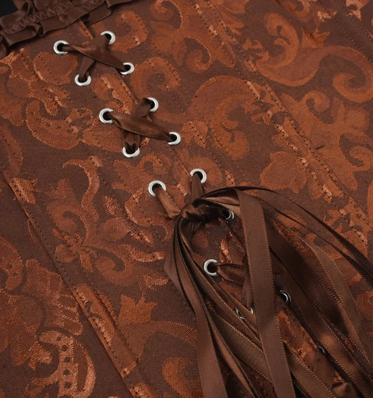 Damen-Overbust-Korsett, Vintage-Jacquard, Rüschen, Schleife vorne, Busk hinten, Schnürung, Taillenformer, Freizeit-, Party- und Alltagskleidung – Detail 6