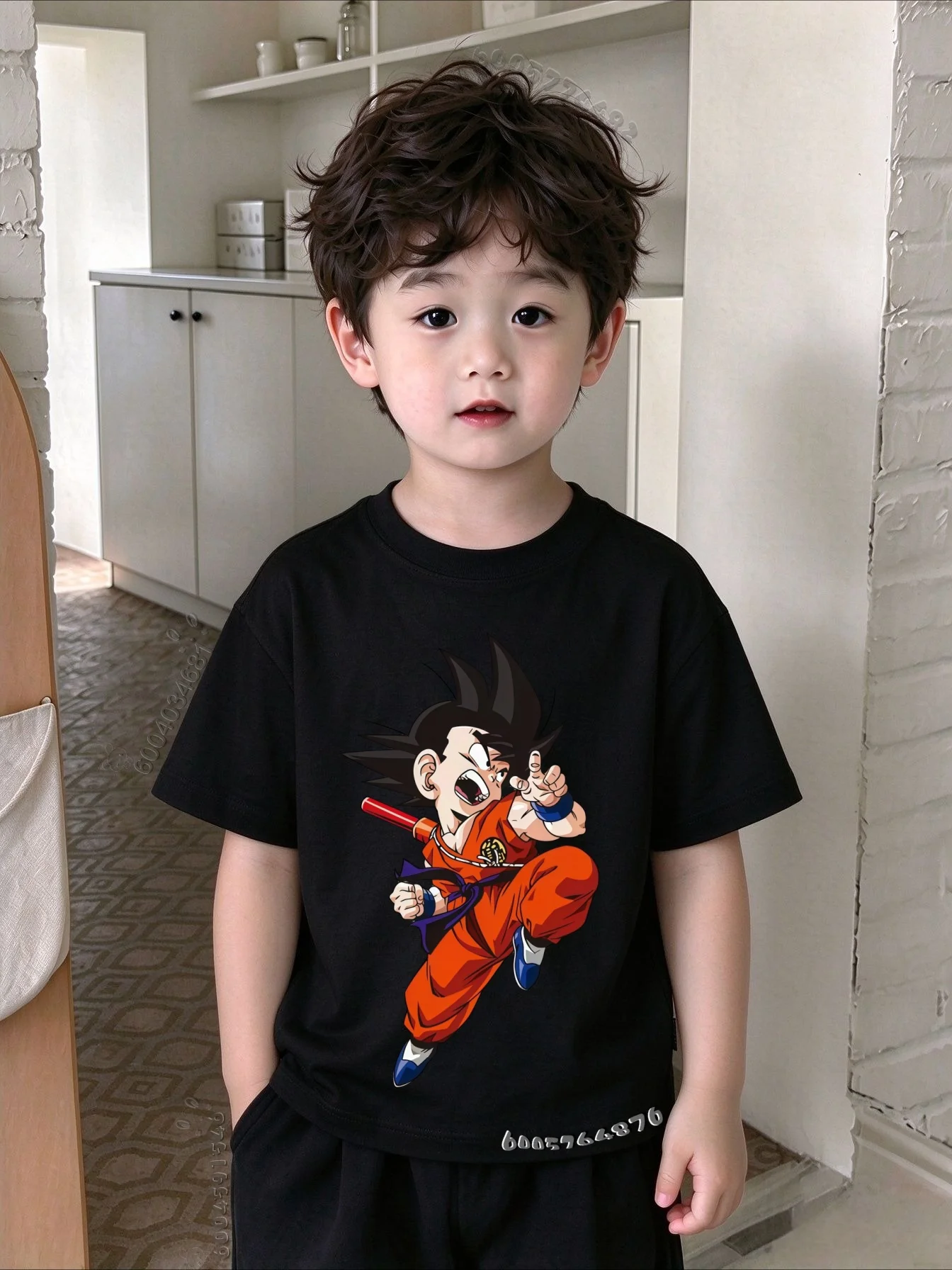 100% Cotton Children's T-shirt - Dragon Ball - Handheld Magic Wand - Little Sun Wukong Cartoon Print - Soft and Breathable Top
