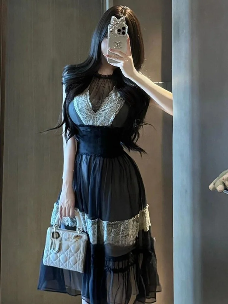 

Ретро-платье с кружевными вставками и сеткой, женское, модное, летнее, новое, с тяжелой вышивкой, миди, сексуальное, с завышенной талией, на молнии