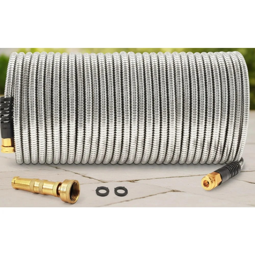 

100ft Stainless Steel Garden Hose - Flexible, Lightweight, Kink-Free with Brass Nozzle for Outdoor Yard Use