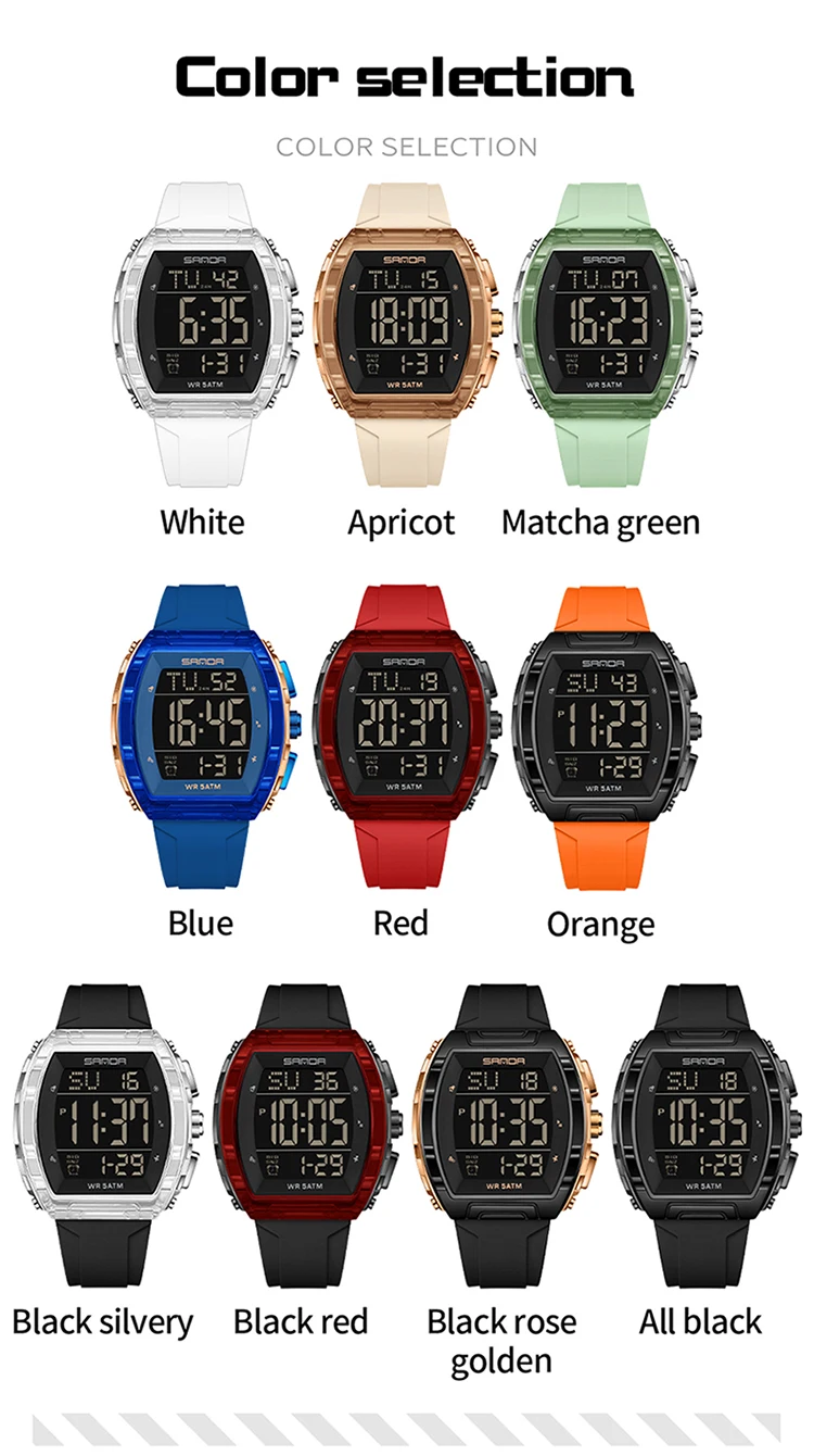 SANDA SD6286 موضة الساعات الإلكترونية التقويم مضيئة للصدمات مقاوم للماء سيليكون حزام الرجال النساء الرياضة ساعة رقمية