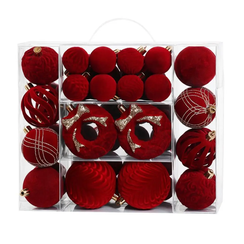 46Pcs Flocked Design Flocked Christmas Balls Multi Color Hanging Style Painted Ornament Ball Hand Painted Plastic