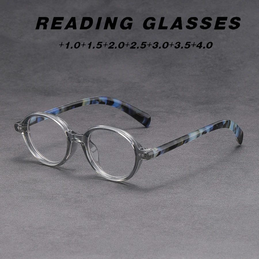 Klare runde Lesebrille mit blauem Schildpattgestell, presbyopische Brille +1,0 bis +4,0, Unisex, leichte Lupe für Männer und Frauen