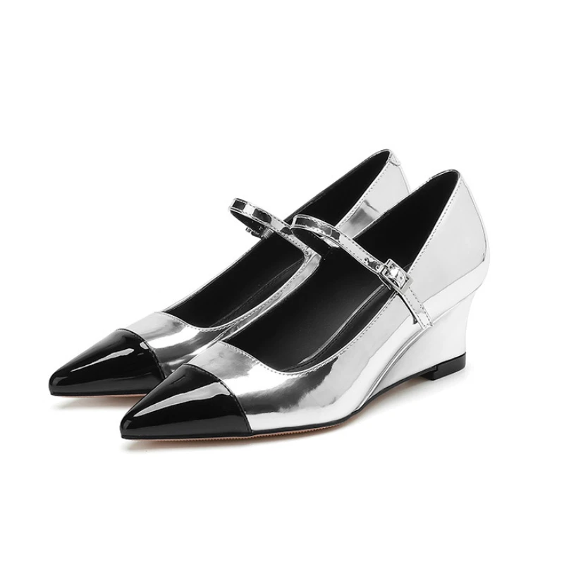 

2024 Fashion Colour Blocking Women's Shoes Pointed Toe Slope Heel High Heels Office Ladies's Shoes Silver Patent Leather Loafers