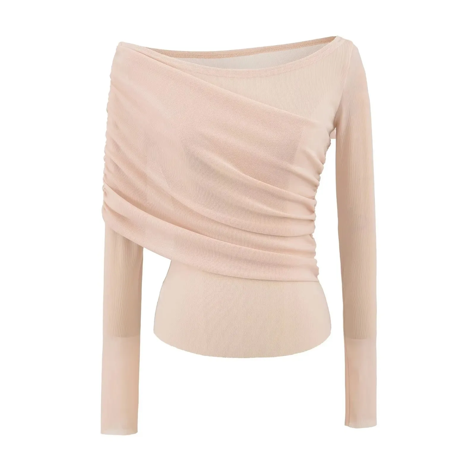 Mature Style Sexy Asymmetrical Shoulder Ruched Long Sleeve Base Shirt  Gentle Style T-Shirt Slimming Versatile Off-Shoulder J5