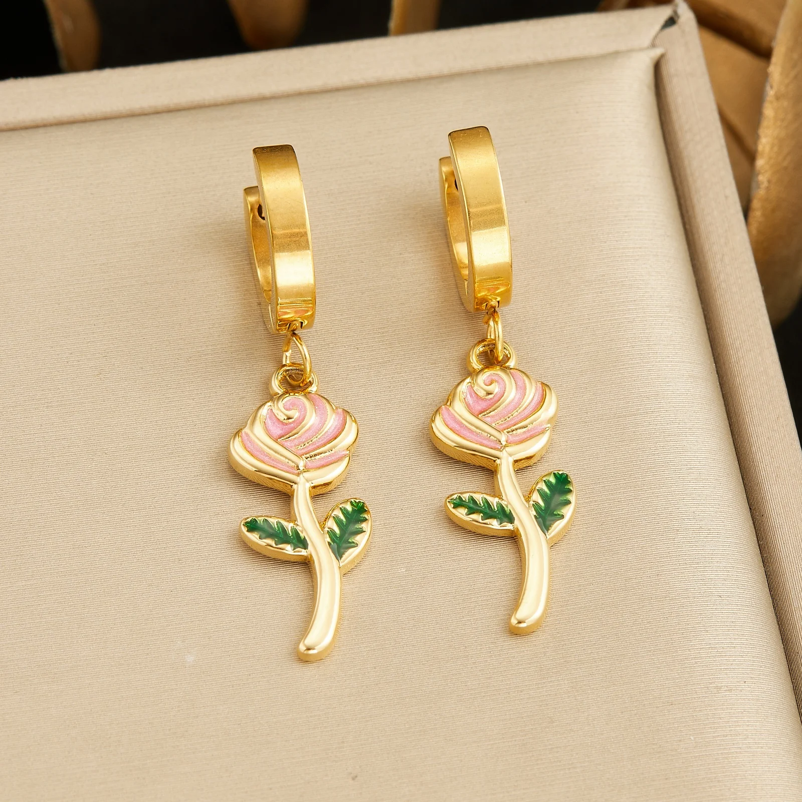 LAMENGLY 316L Stainless Steel Delicate Vintage Stemmed Rose Dangle Earrings Gold Plated Jewelry Delicate Gift for Women Girl