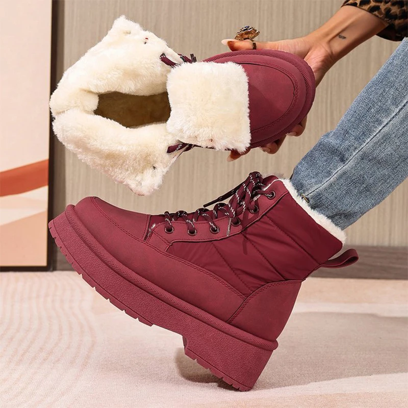 

Толстые плюшевые теплые ботильоны для женщин, зимние ботинки на толстой подошве со шнуровкой, женские зимние ботинки 2026, новая зимняя хлопковая обувь на платформе, пуховая обувь Mujer