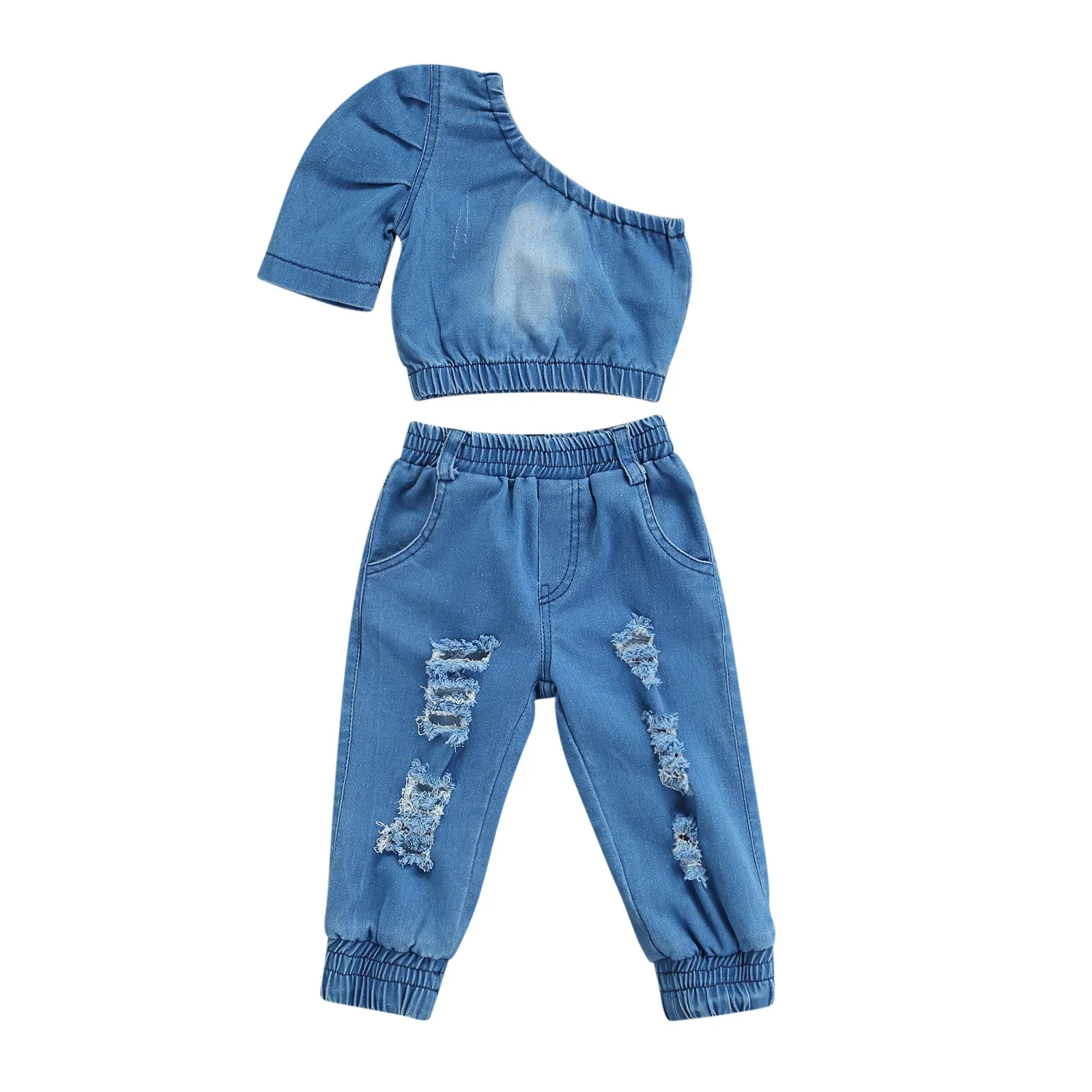 

Infant Kids Baby Girl’s Denim T-shirt and Trousers Suit Fashion Solid Color One-shoulder Tops and Ripped Long Pants 1-6T