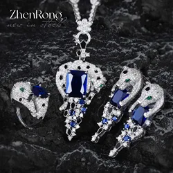 Luxury Simulated Sapphire Leopard Jewelry Sets Micro-inlaid Full Zircon Pendant Necklaces Drop Earrings Rings Sets For Women