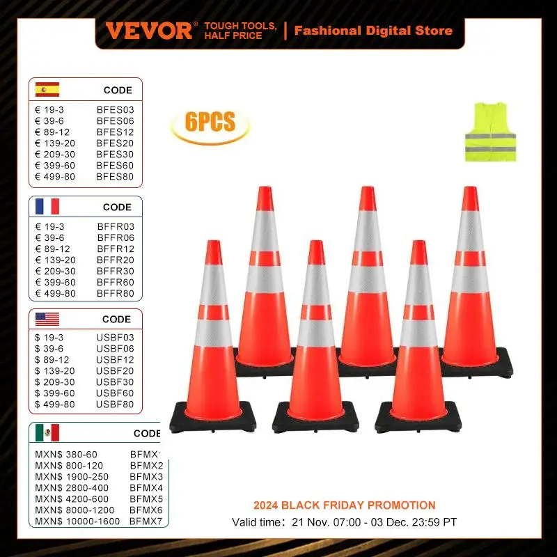 VEVOR Cono de Tráfico 6 Piezas 92 cm Pedestal de Obra de PVC Naranja Cono de Seguridad con Base Pesada y 2 Collares Reflectantes para Demarcación de Estacionamiento de Emergencia en Estacionamiento