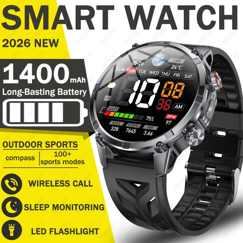 2026 new large round screen 1.7-inch outdoor smartwatch with compass, wireless calling, sports data recording, sleep monitoring