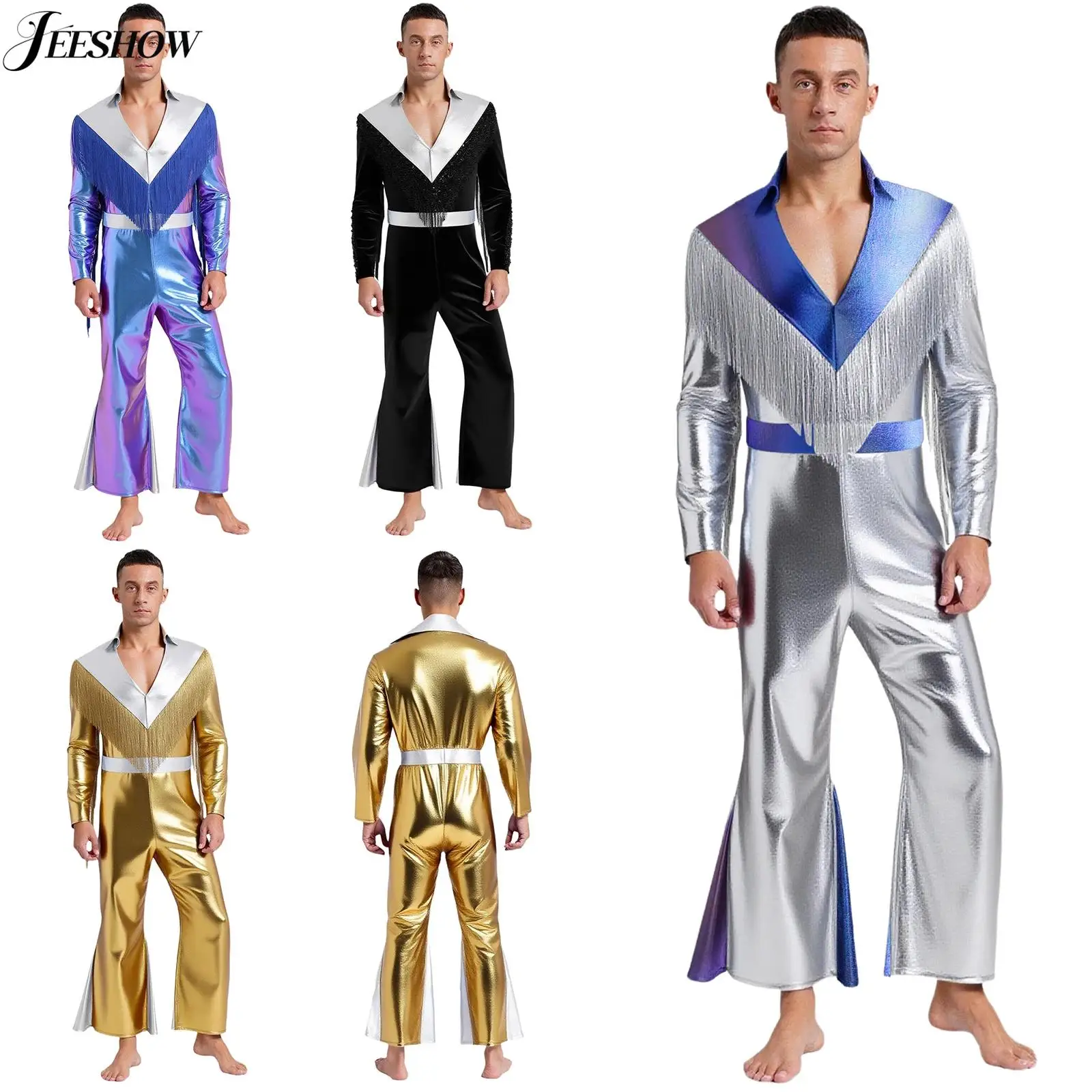 

Mens Retro Disco Outfits Contarst Color Metallic Lapel V Neck Long Flared Sleeve Wide Leg Pants Jumpsuits Halloween Party Outfit