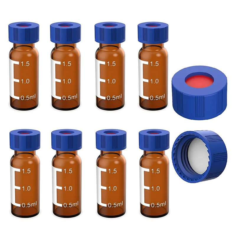 2ML Autosampler Vials Pack Of 100 - HPLC Vials 9-425 Amber Vials with Blue Screw Caps White Red Septa