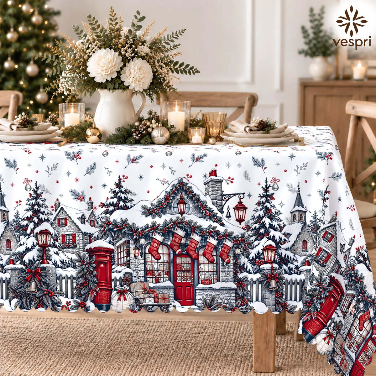 Christmas Tablecloth with Snowy Homes & Clock Towers for Indoor/Outdoor Camping decor, Rectangular/Round/Oval
