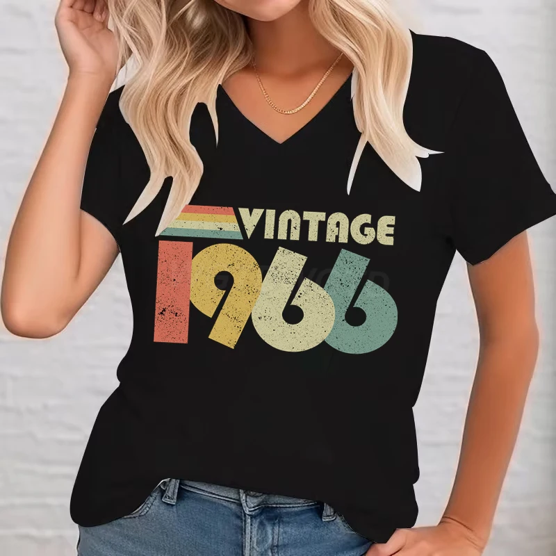Women 60th Birthday Essential Classic Tops Vintage 1960 To 1969 Graphic T Shirts Short Sleeve V-neck 60 Years Old T-Shirt Tops
