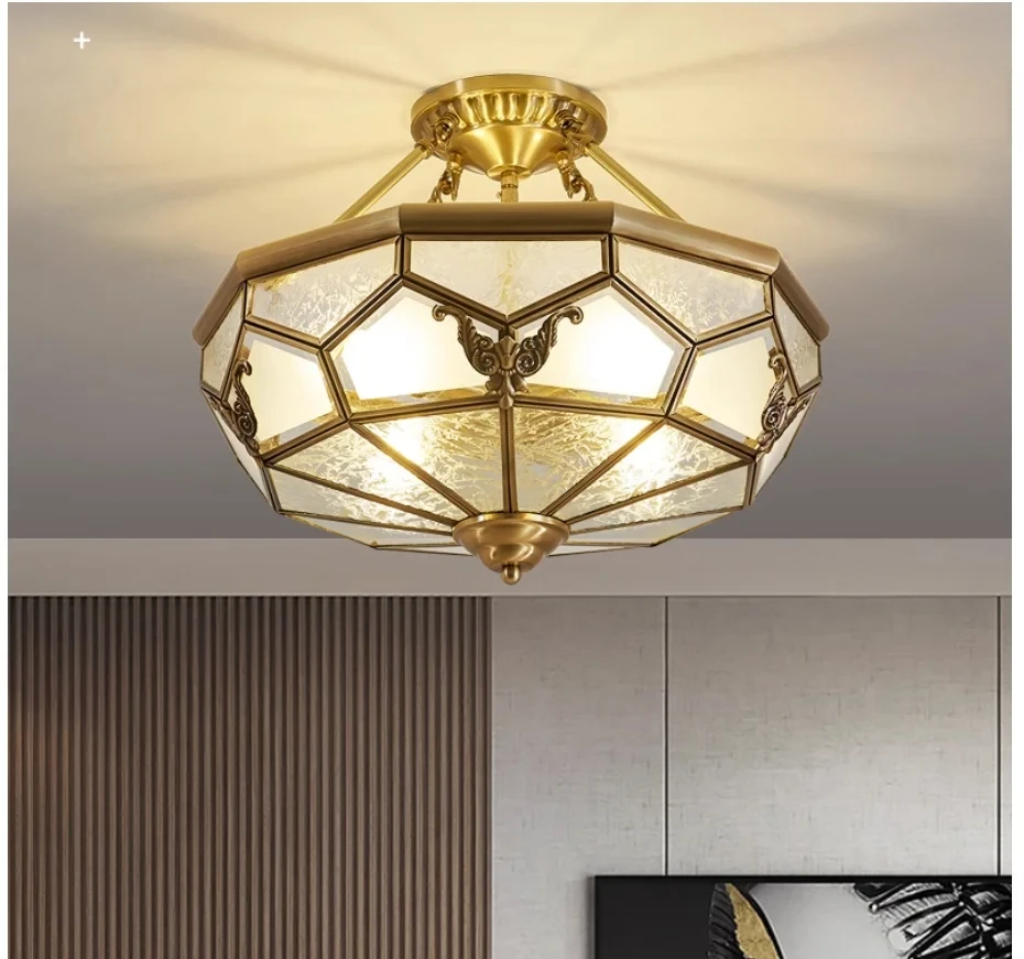 American-Style Semi-Flushed Ceiling Lamp D35cm H30cm De Copper Glass Balcony Bedroom Lamp Restaurant Balcony Study Ceiling Light