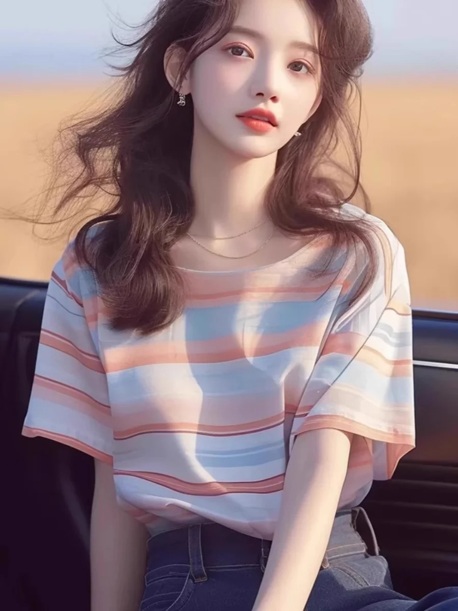 T-shirt Estiva Chic da Donna, Vestibilità Ampia, a Righe, con Scollo Rotondo, Casual e Unica per Signore