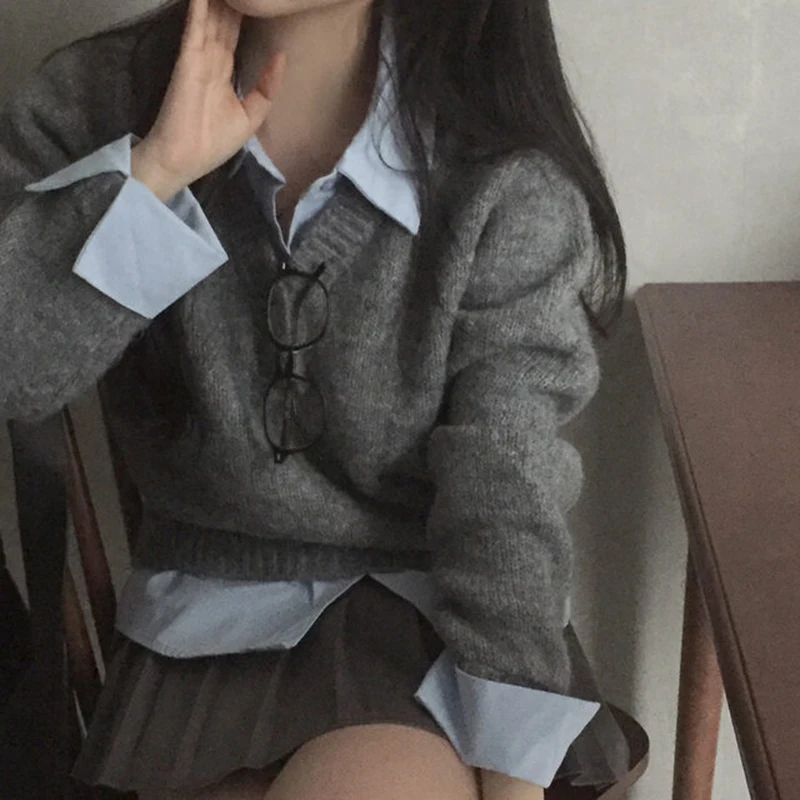 Sweter patchworkowy streetwear damski, modny, z długim rękawem, dzianinowy pulower, koreański kołnierzyk, dzianiny, zimowe swetry codzienne