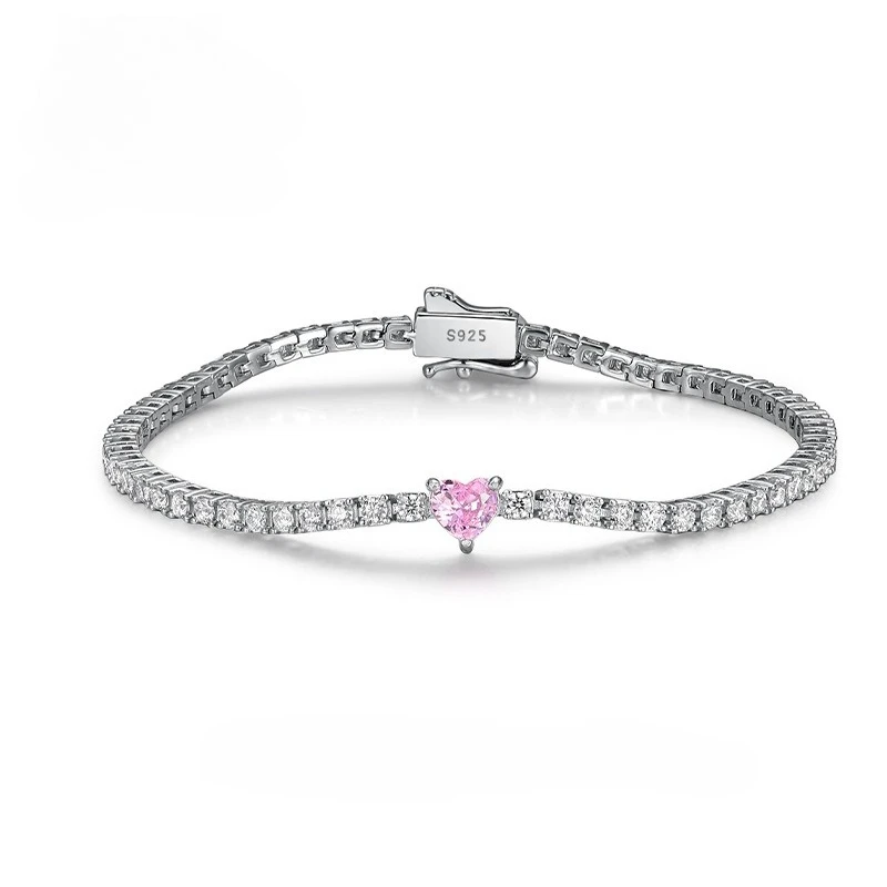 AETEEY S925 Silver Heart Moissanite Bracelet Pink White Main Stone Light Luxury All-match Women Wrist Jewelry