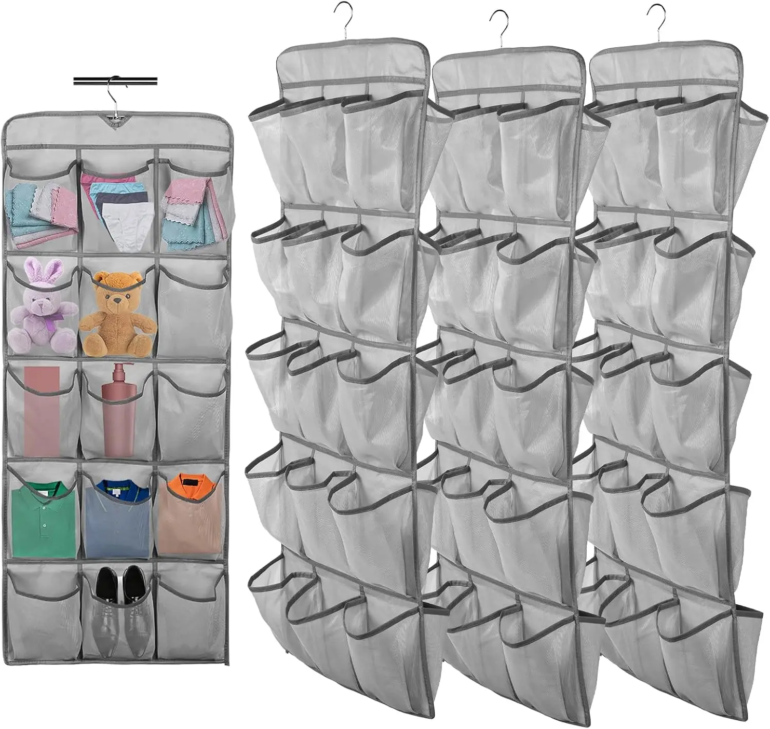 

3Pcs 30 Large Pockets Dual Sided Hanging Shoe Organizer Double-Side Closet Storage Shelves with Rotating Hanger Space Sa