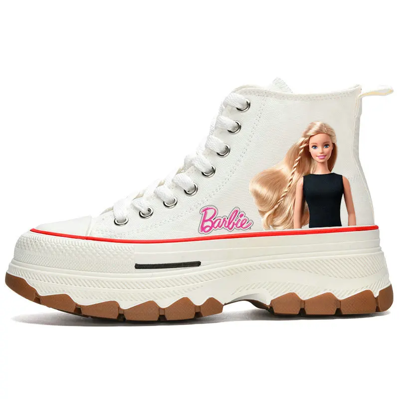 Girls Barbie Canvas Shoes Woman High Top Girls Elevator Shoes Casual Sneakers Cartoon Barbie Tennis shoes Size 35-40