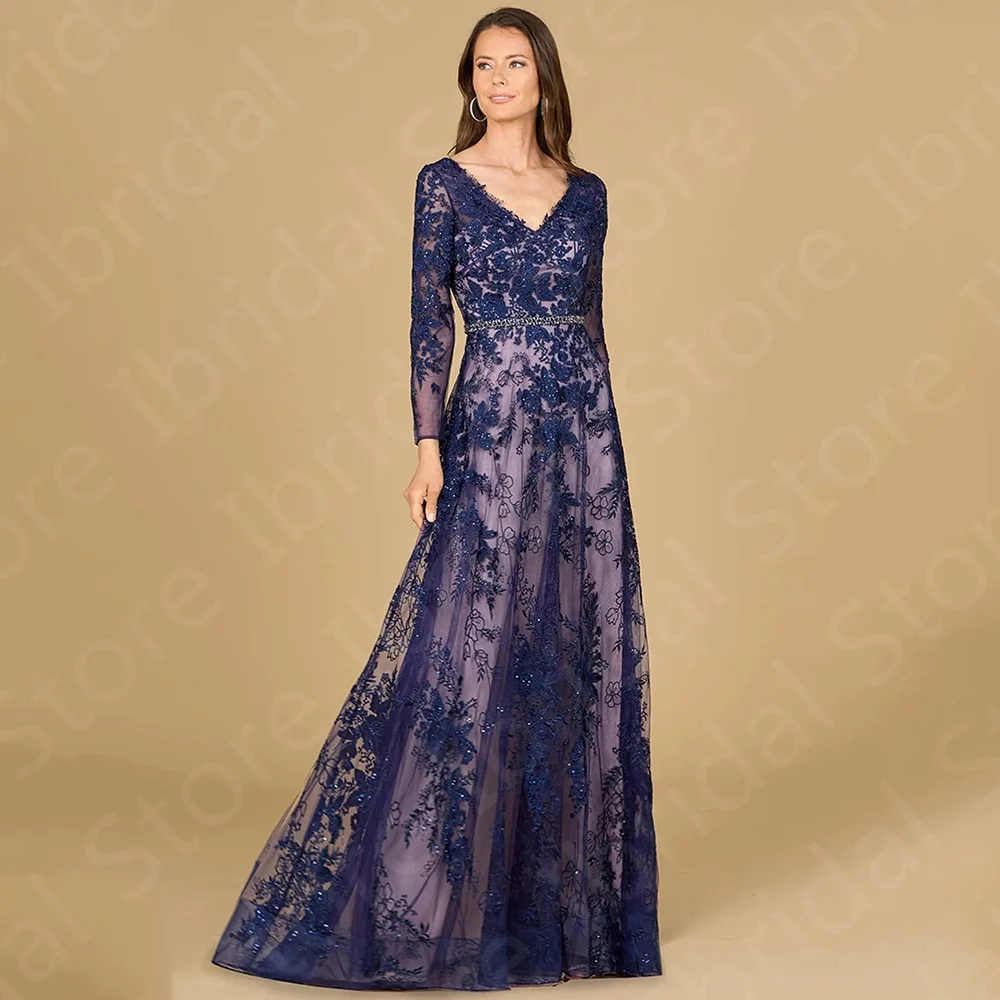 

Charming Navy Mother of the Bride Dresses Lace Long Sleeve Mother Gowns V Neckline Wedding Party Gowns 2024 Appliqued On Sale