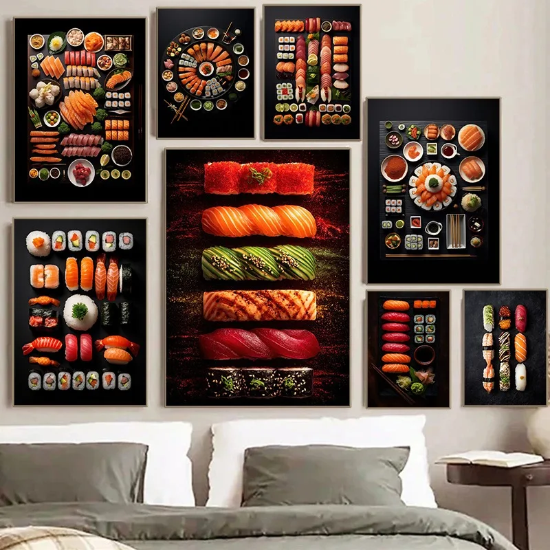 (2D Canvas Painting)  Assorted Sushi Rolls on Black Background Poster Modern Japanese Food Canvas Painting Wall Art for Kitch