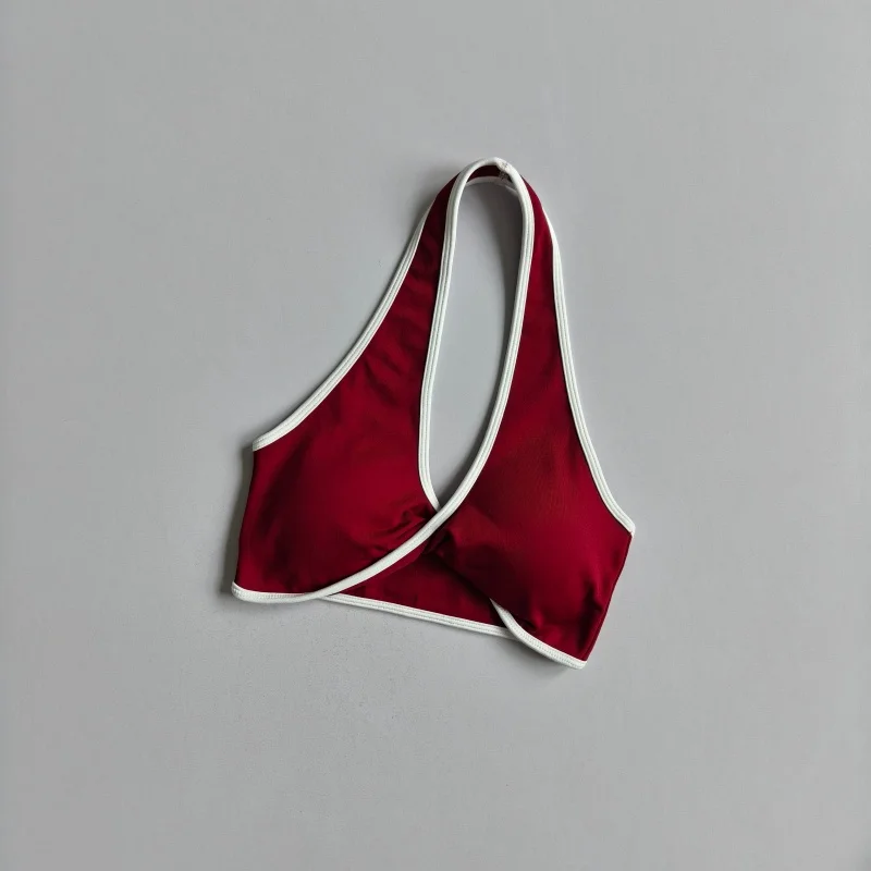 Damen-Yoga-BH mit Halterneck und Farbblock-Design, herausnehmbare Brustpolster, schnelltrocknendes Sport-Top für das Training. – Detail 7