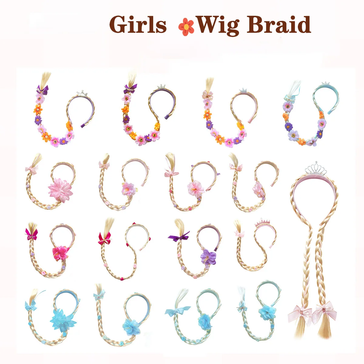 

Multiple Styles Princess Dress up Wigs, Princess Rapunzel Long Braided Wig Headbands Flowers Adorn for Girls Costume Accessories