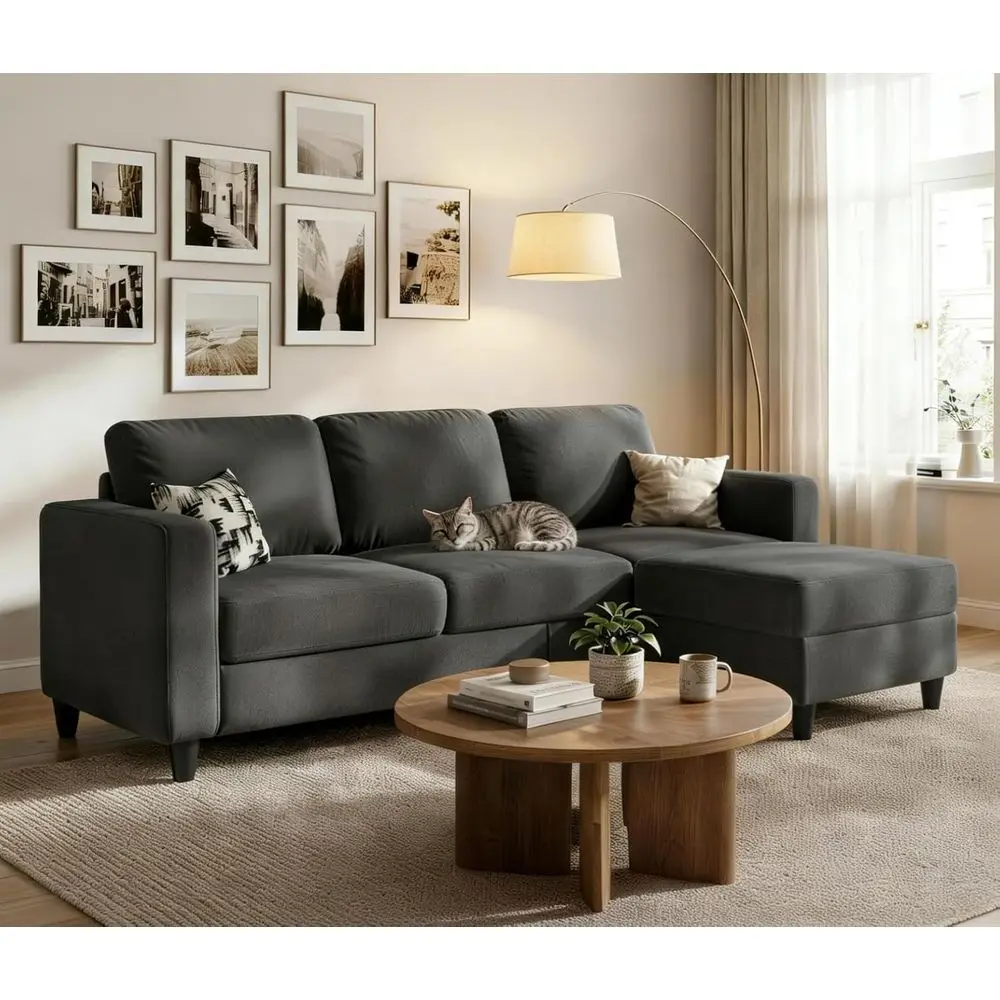 

73 Grey L-Shaped Sofa with Reversible Ottoman and 8 Thick Cushions for Living Room | Ideal for Small Spaces