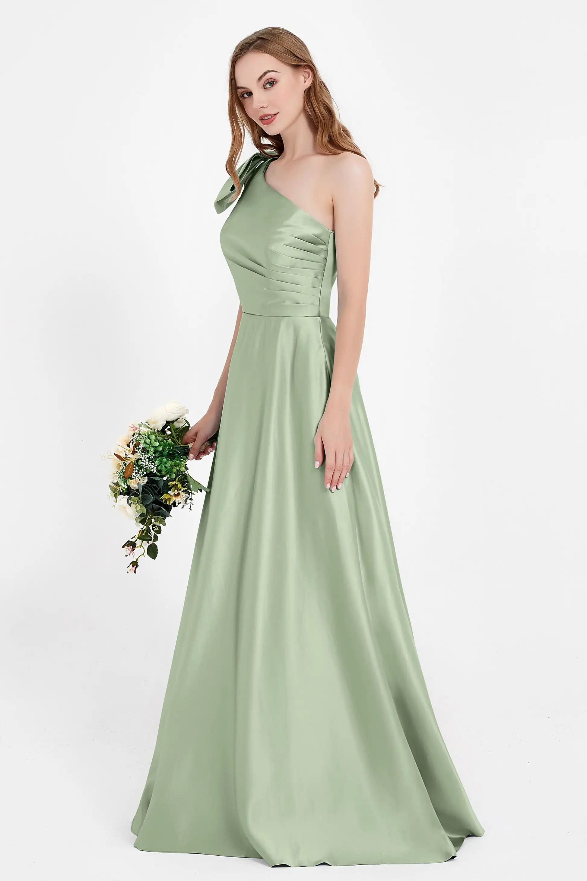 Satin One-Shoulder A-line Bridesmaid Dresses With Bow Simple Sleeveless Backless Long Wedding Guest Gowns Party Evening Dress