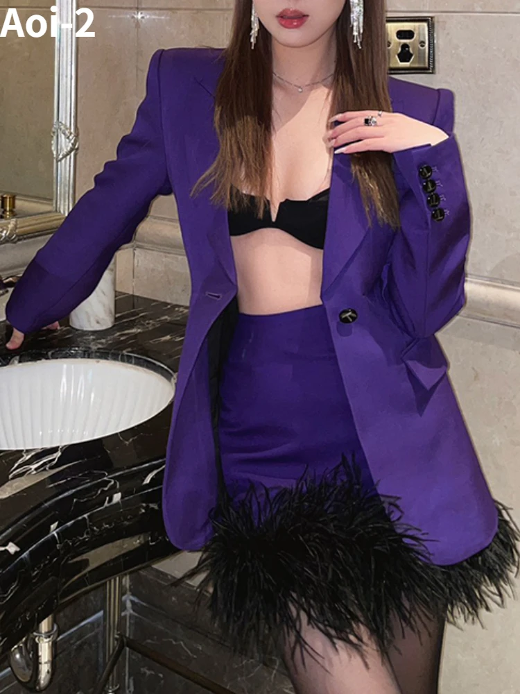 Fashion Vintage Purple Suit Women Autumn New Blazer Coat+Short Strapless+Ostrich Hair Overskirt Elegant Commuter Three-Piece Set