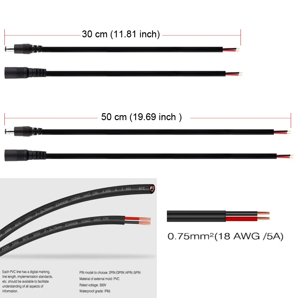18awg DC Power Pigtail Cable Barrel Jack Male Female 5V 12V 24V Wire Connector 30cm 50cm for LED Strip CCTV Camera Power Adapter